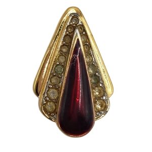 Vintage Monet Tear Drop Pendant Gold Tone Red Clear Stones